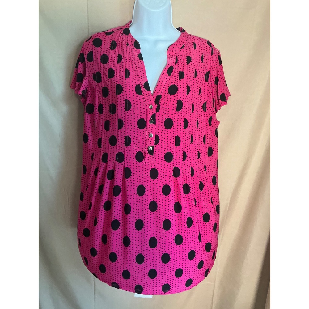 Cocomo Woman Blouse Womens 1X Pink Excellent Polka Dot Pintuck V-Neck Button Top